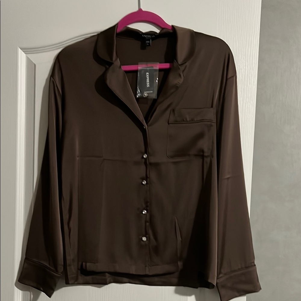 Express Brown Long Sleeve Notched Collar Pajama Shirt